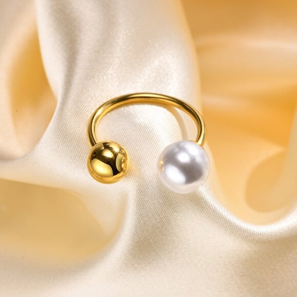 3/$35 Trendy 18K Gold Plated Tone Open Pearl & Ball Bypass Ring Adjustable Size - Picture 7 of 9